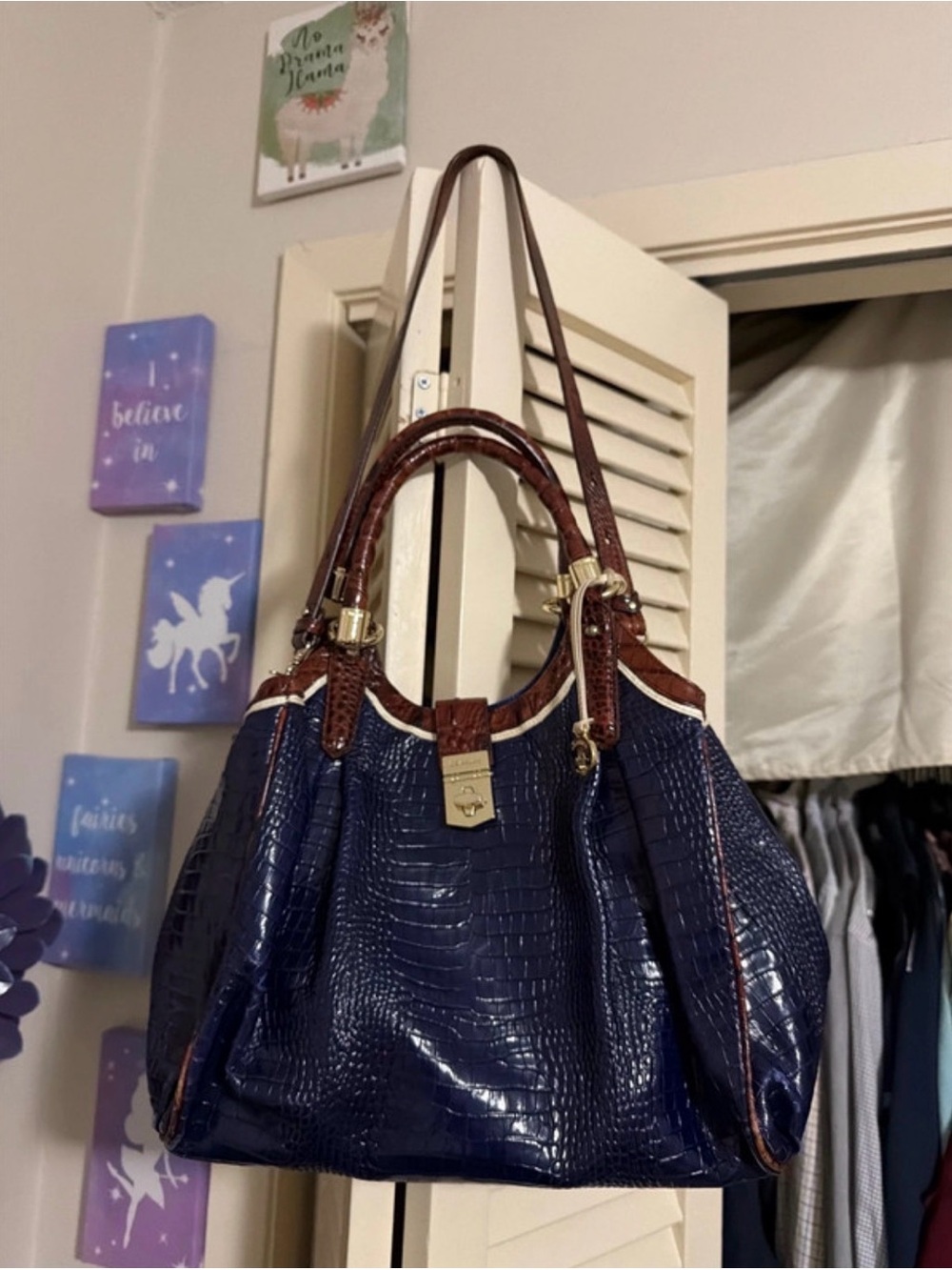 Brahmin Navy Croc-Embossed Tote with Brown Trim